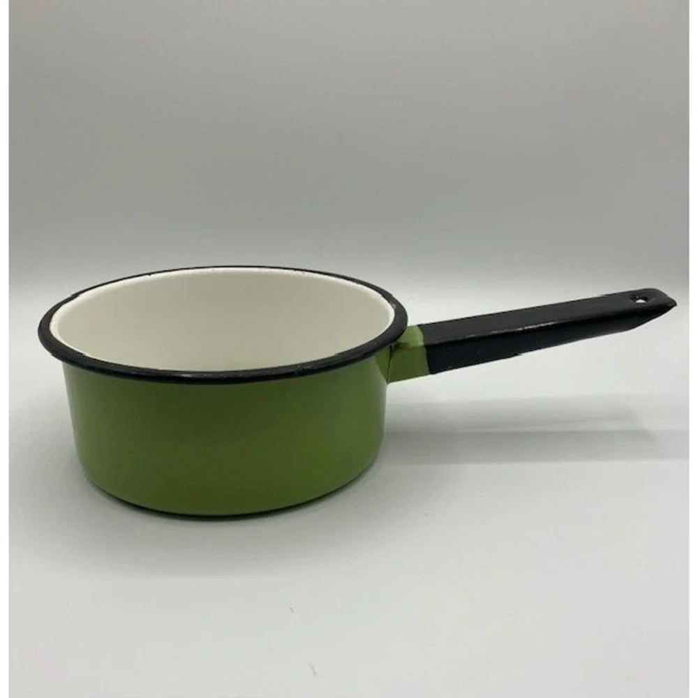 Vintage‎ Saucepan Enamelware Green/White Mid Century Modern Kitchen Decor 3 cup